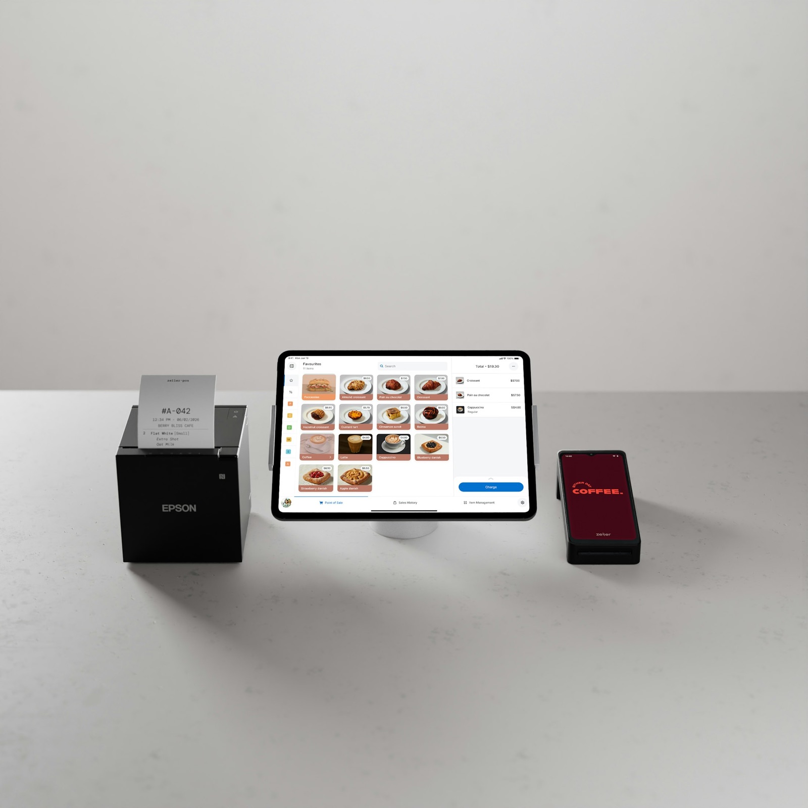 A typical counter setup: tablet stand, receipt printer and card terminal